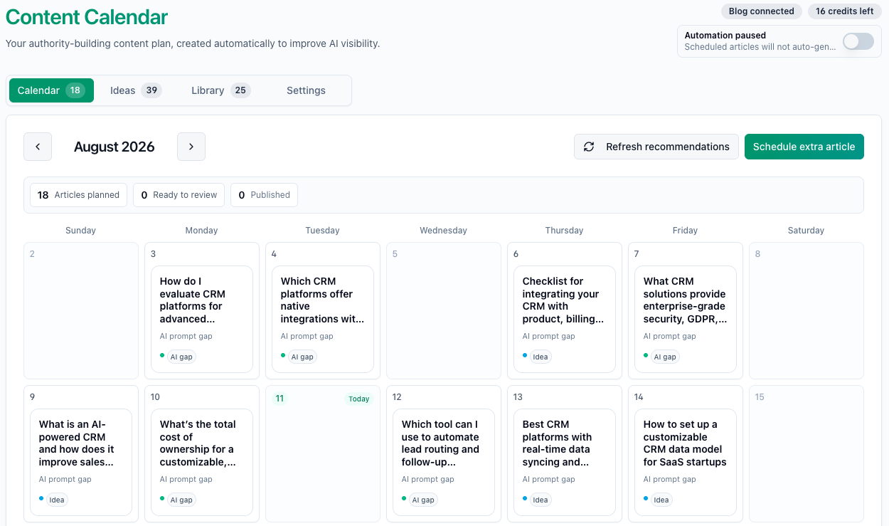 SEOforGPT Content Agent calendar with a reviewable article workflow